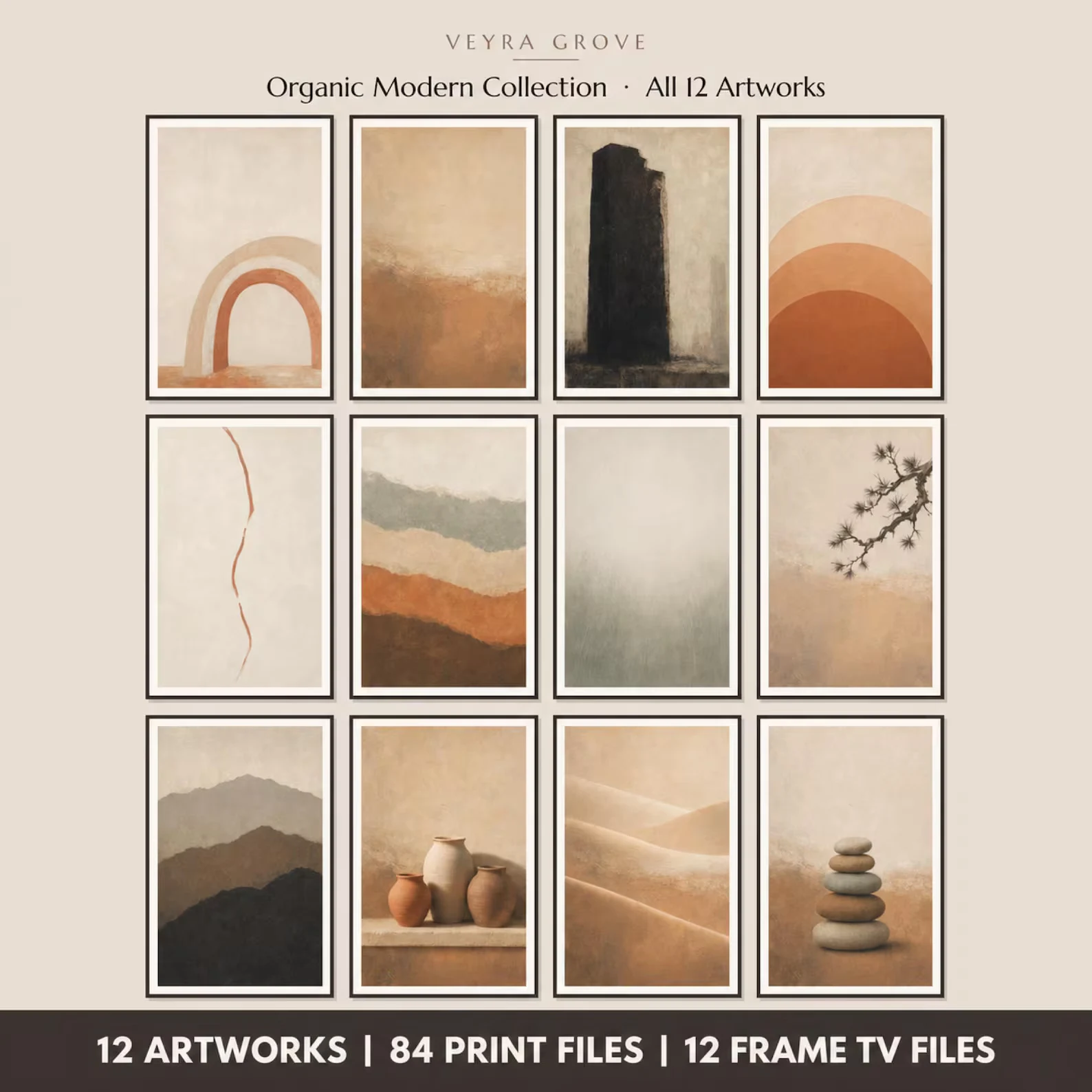 Twelve coordinated organic-modern artworks in warm neutral tones