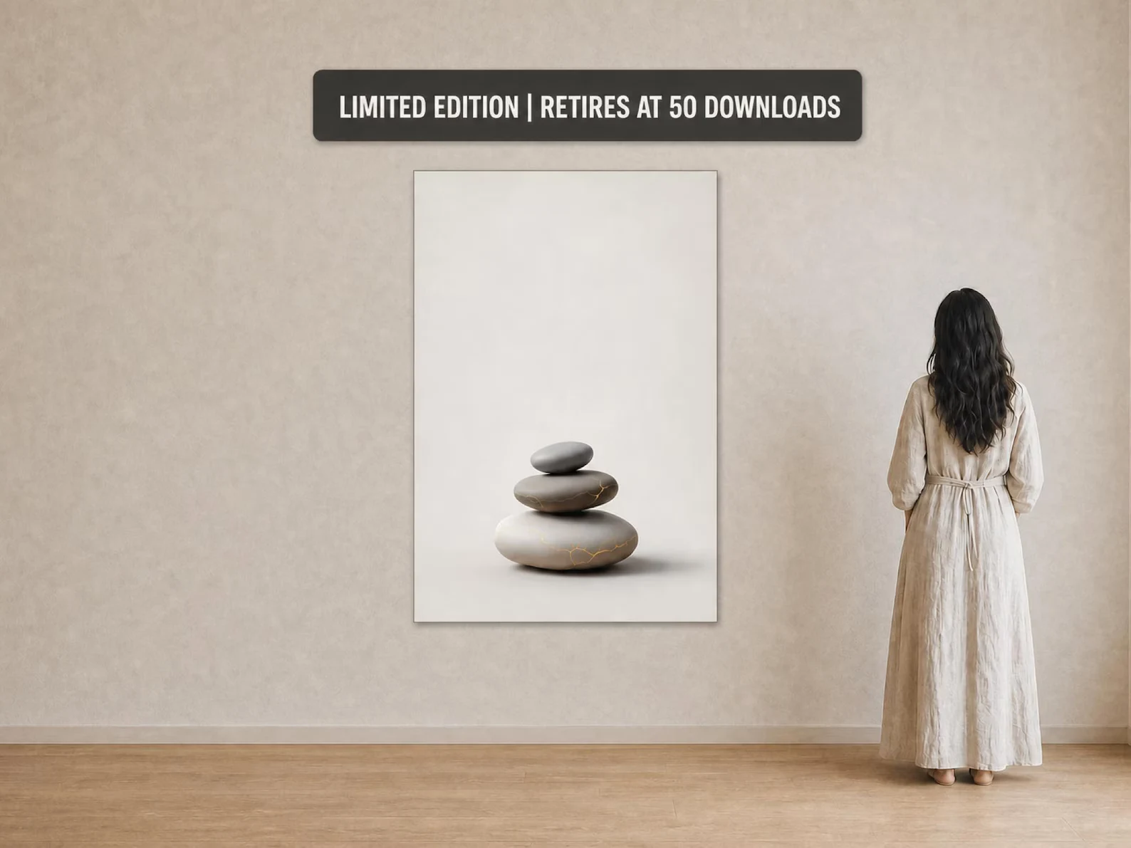 Limited-edition gold kintsugi Zen stones artwork shown at oversized scale